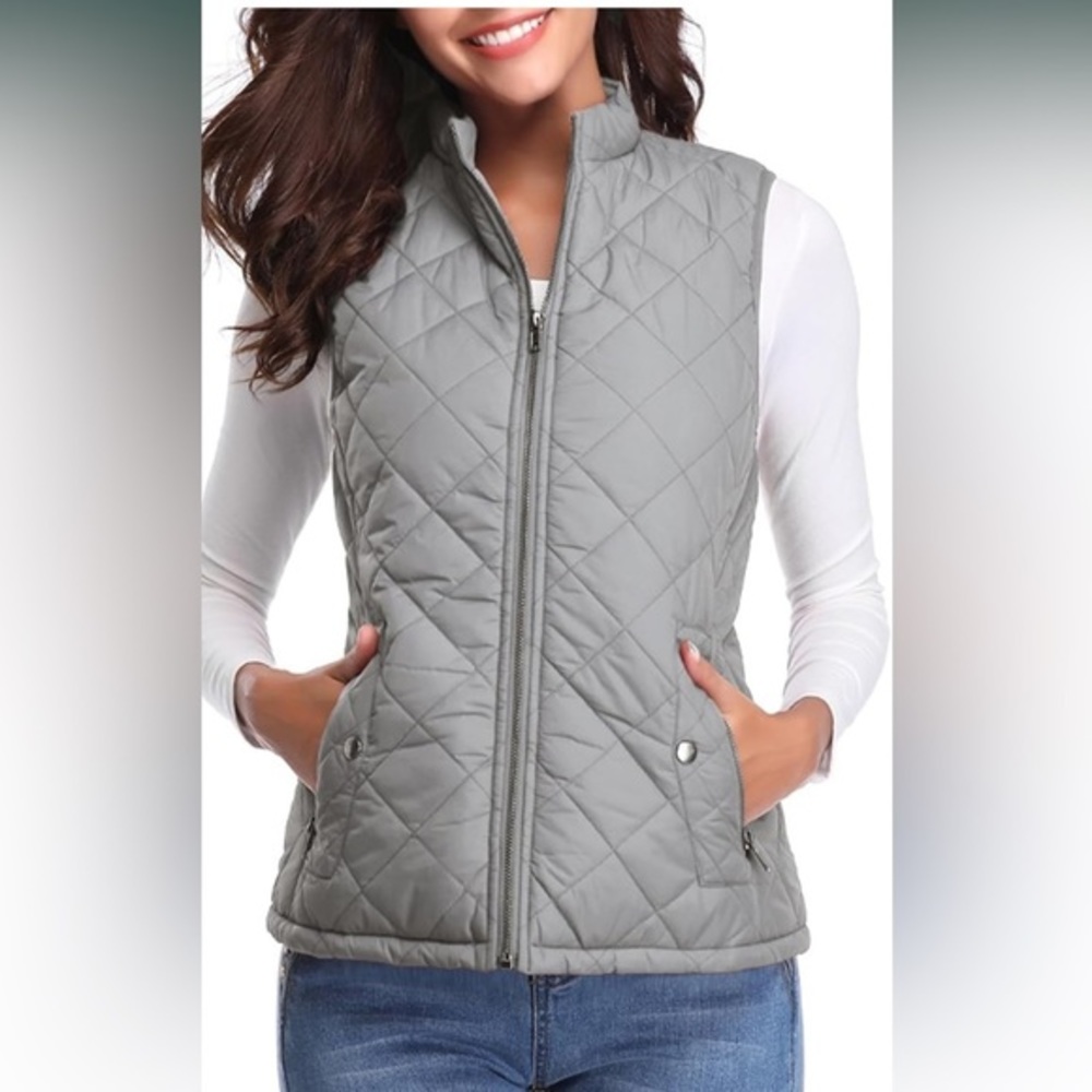 Fuinloth Women's Quilted Vest, Stand Collar Lightweight Zip Padded Gilet XS